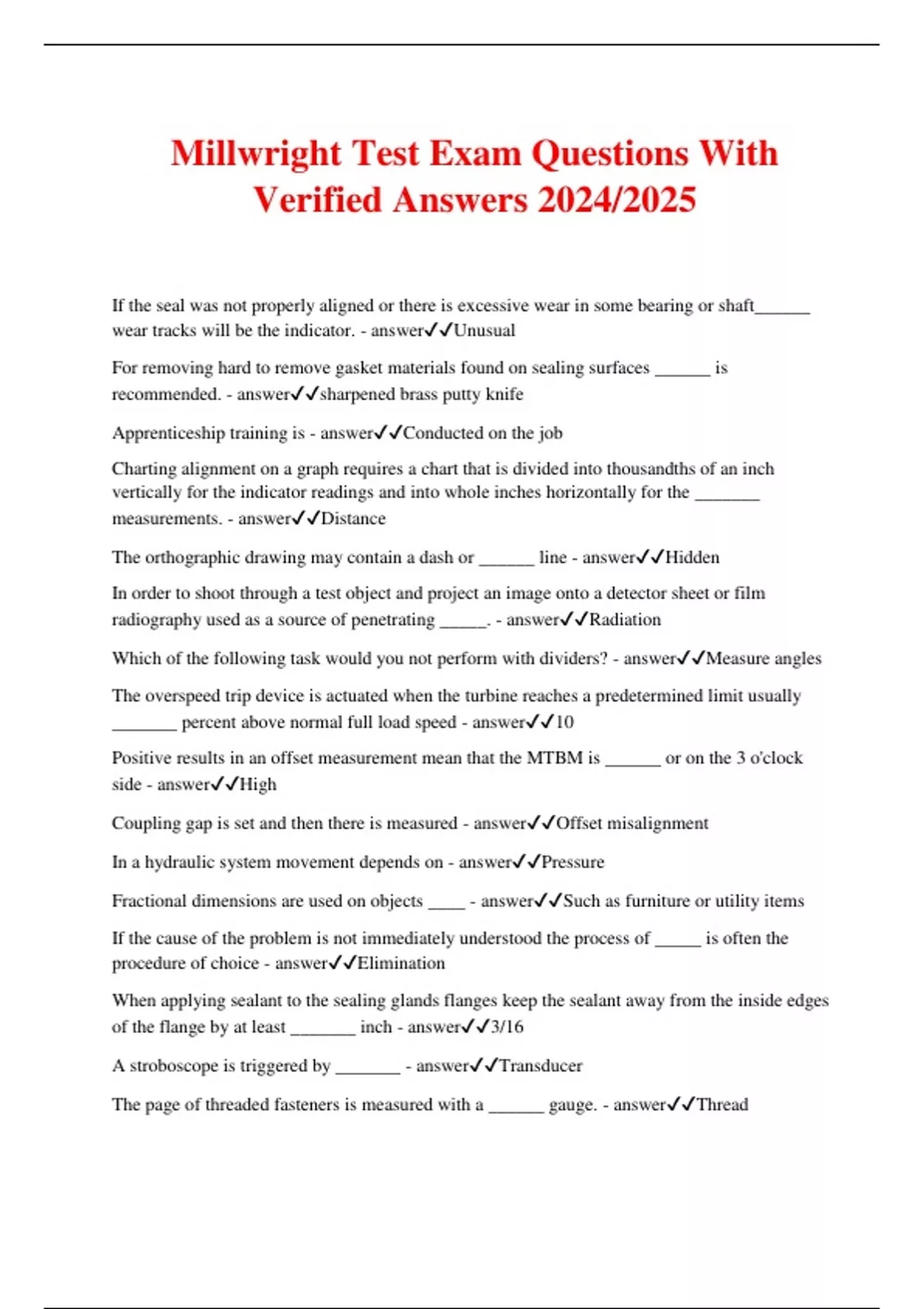 Millwright Test Exam Questions With Verified Answers 2024/2025