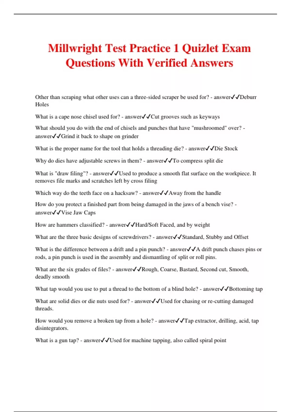 Millwright Test Practice 1 Quizlet Exam Questions With Verified Answers