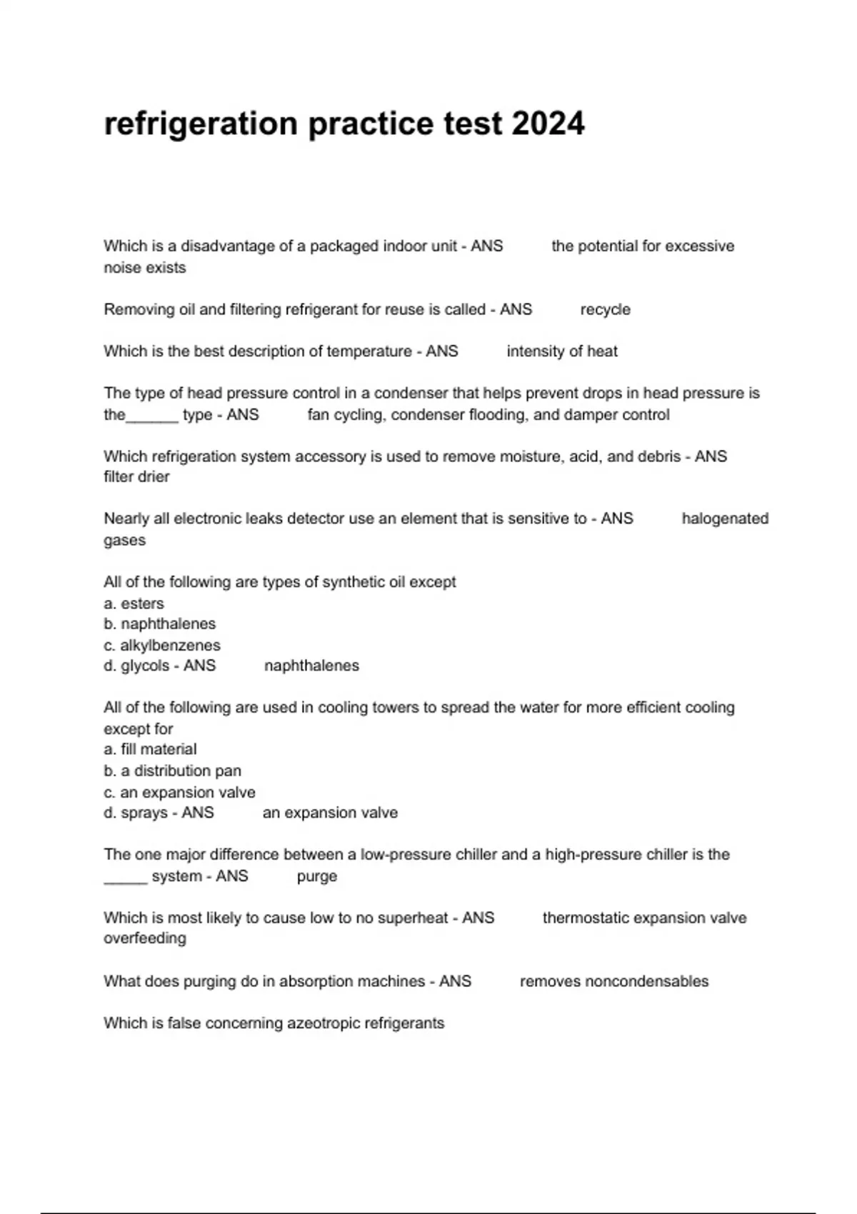 refrigeration practice test 2024 Questions With Correct Answers