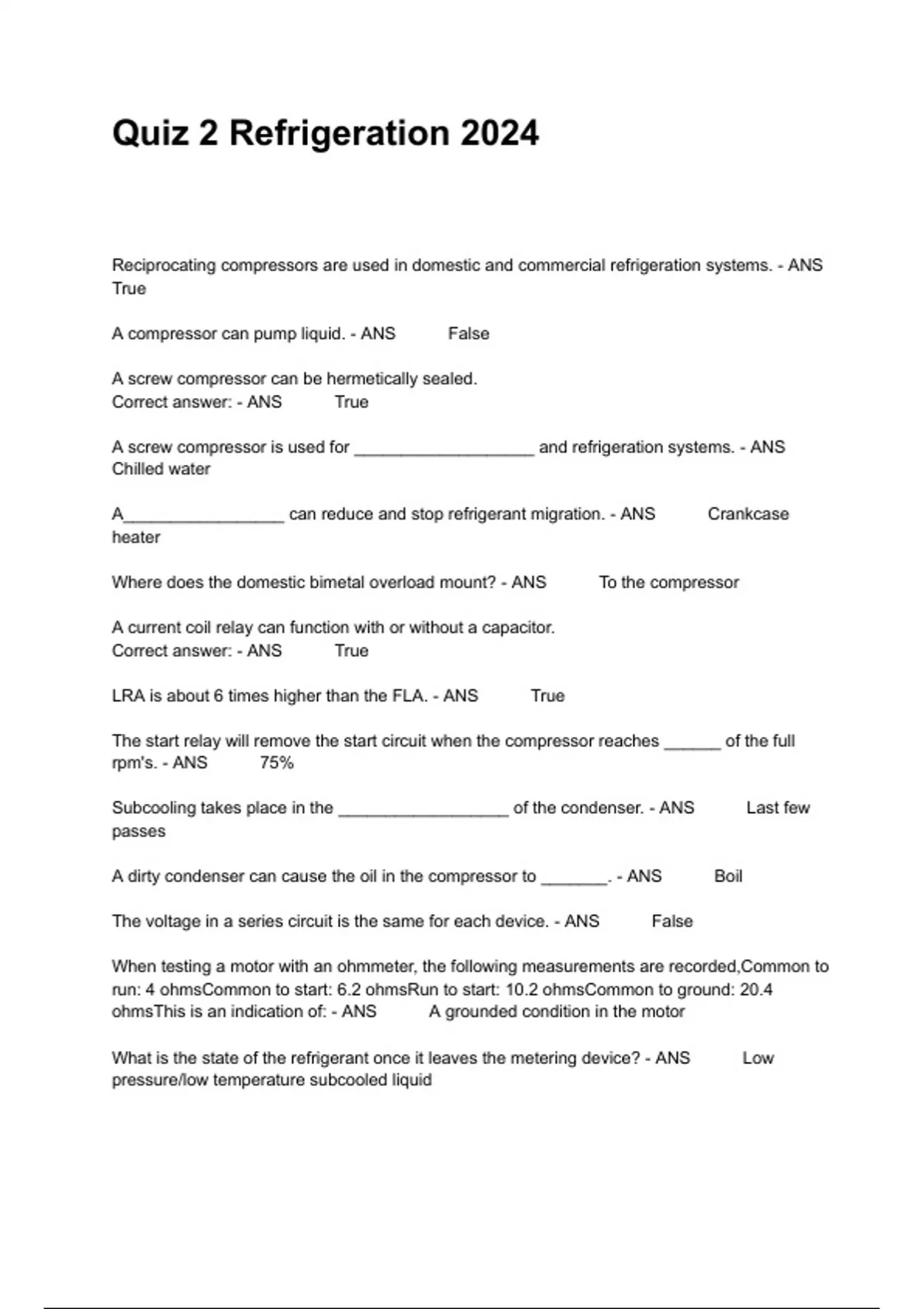 Quiz 2 Refrigeration 2024 Questions With Correct Answers