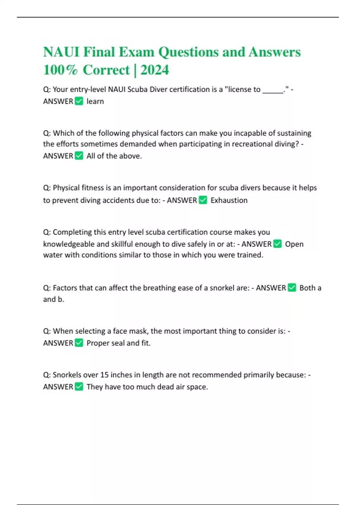 NAUI Final Exam Questions and Answers 100 Correct 2024 NAUI