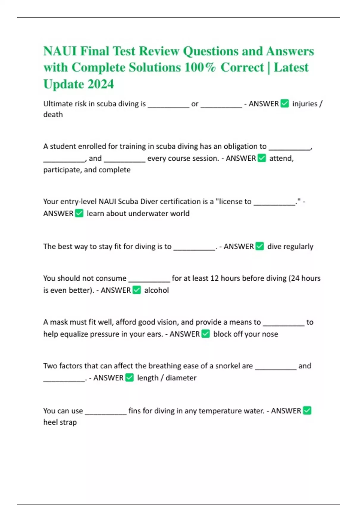 NAUI Final Test Review Questions and Answers with Complete Solutions