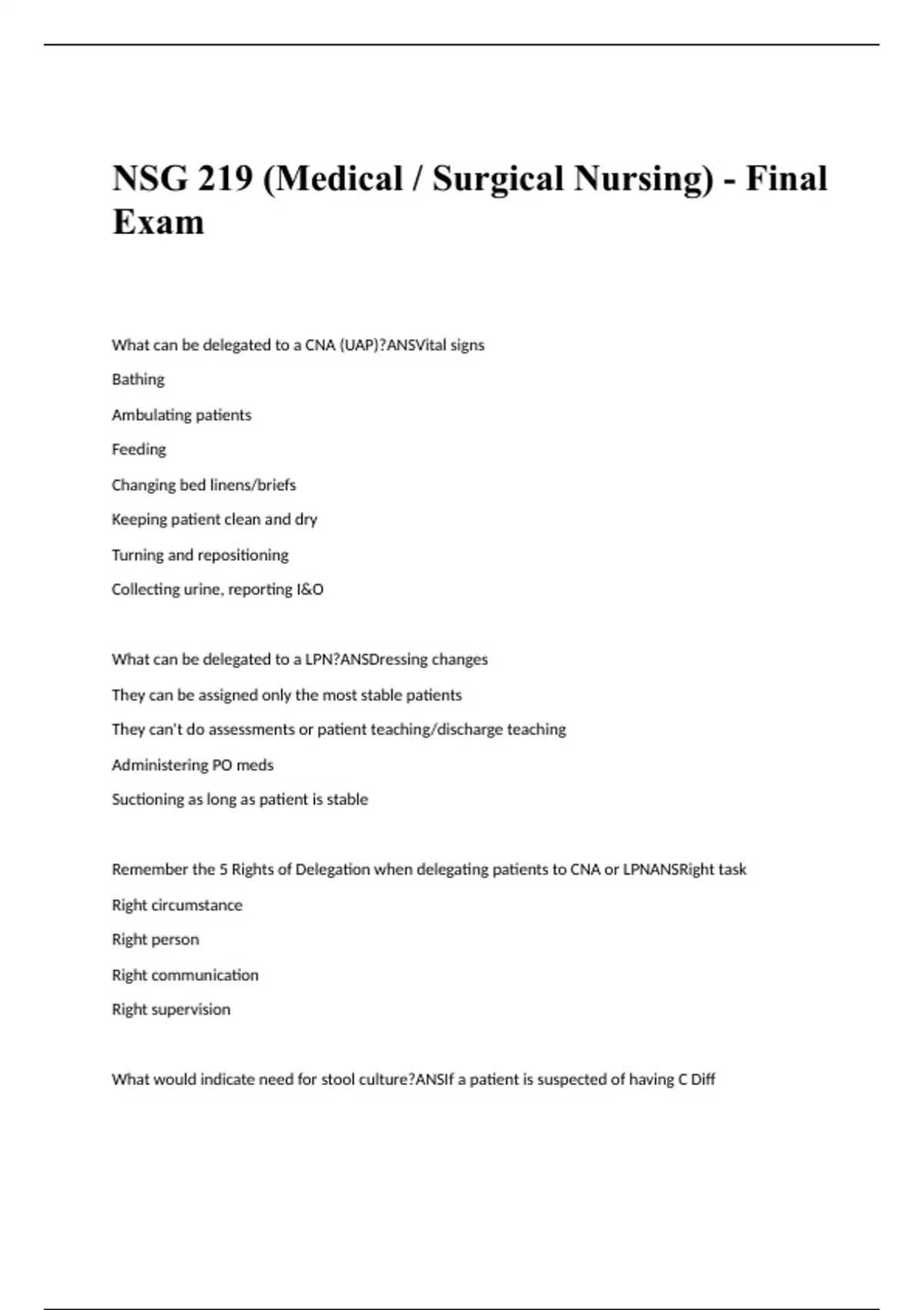 NSG 219 (Medical / Surgical Nursing) - Final Exam Questions and Answers ...