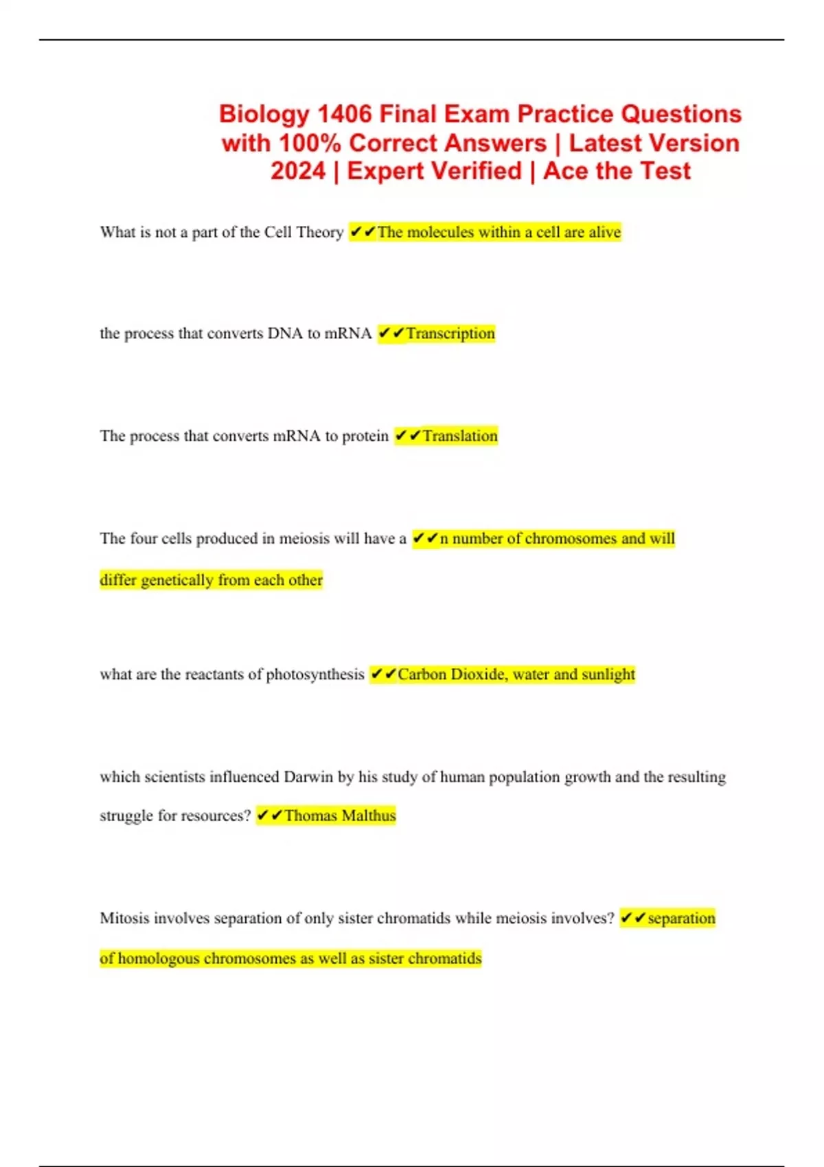 Biology 1406 Final Exam Practice Questions with 100% Correct Answers ...