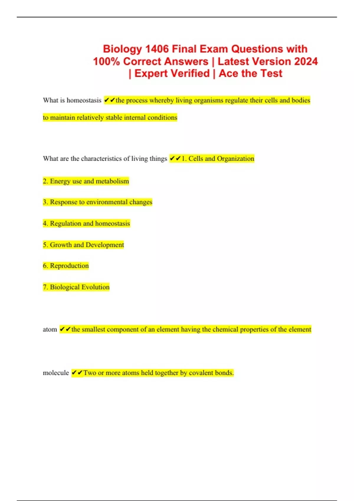 Biology 1406 Final Exam Questions with 100% Correct Answers | Latest ...