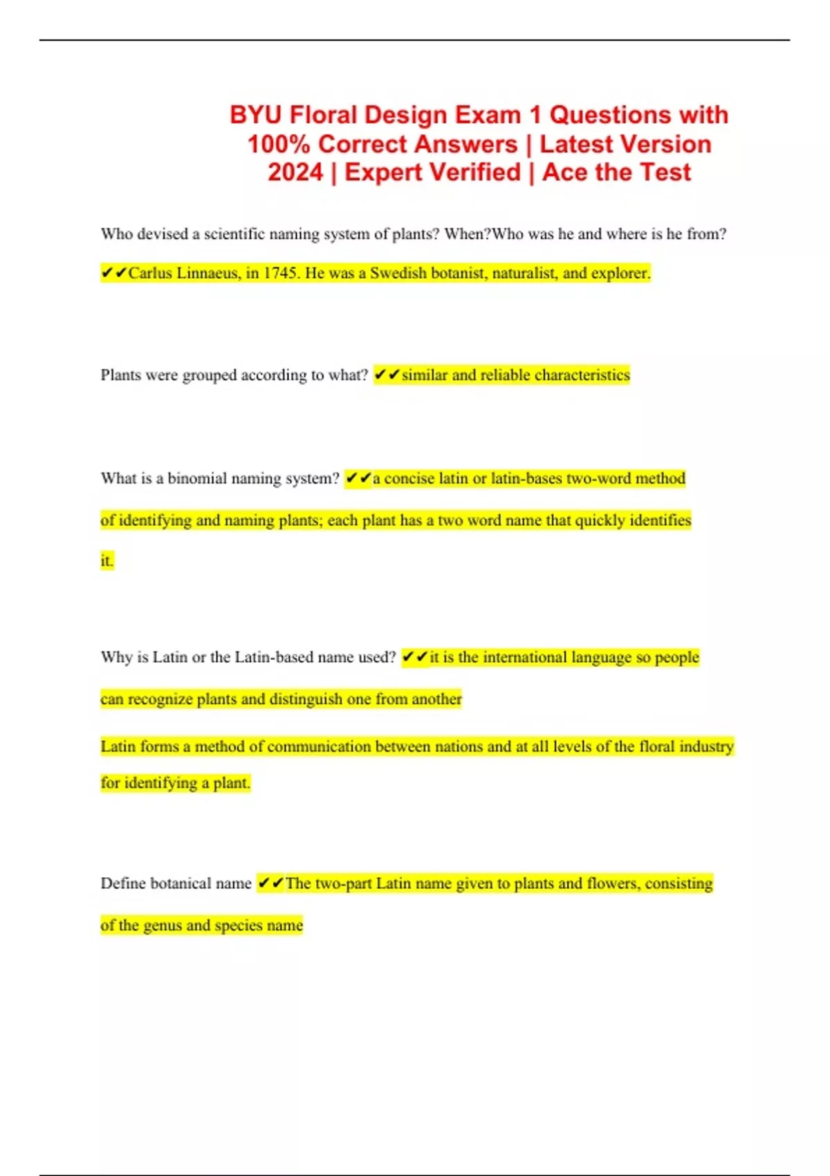 BYU Floral Design Exam 1 Questions with 100 Correct Answers Latest