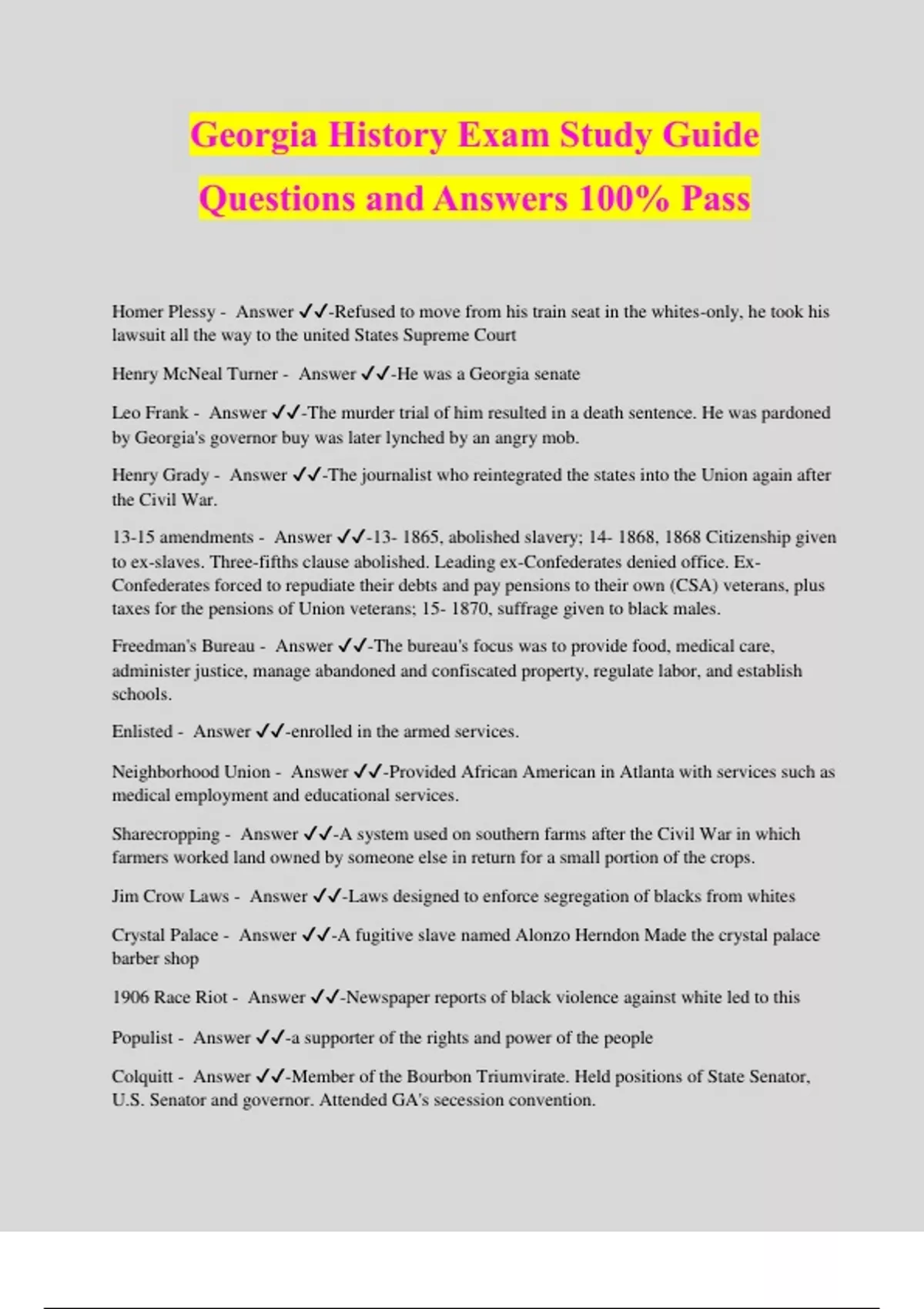 History Exam Study Guide Questions and Answers 100 Pass UGA