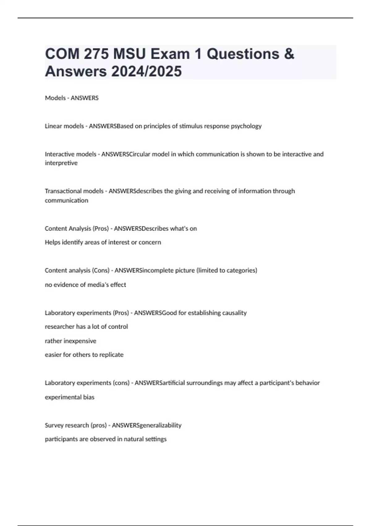 COM 275 MSU Exam 1 Questions & Answers 2024/2025 - COM 275 MSU - Stuvia US