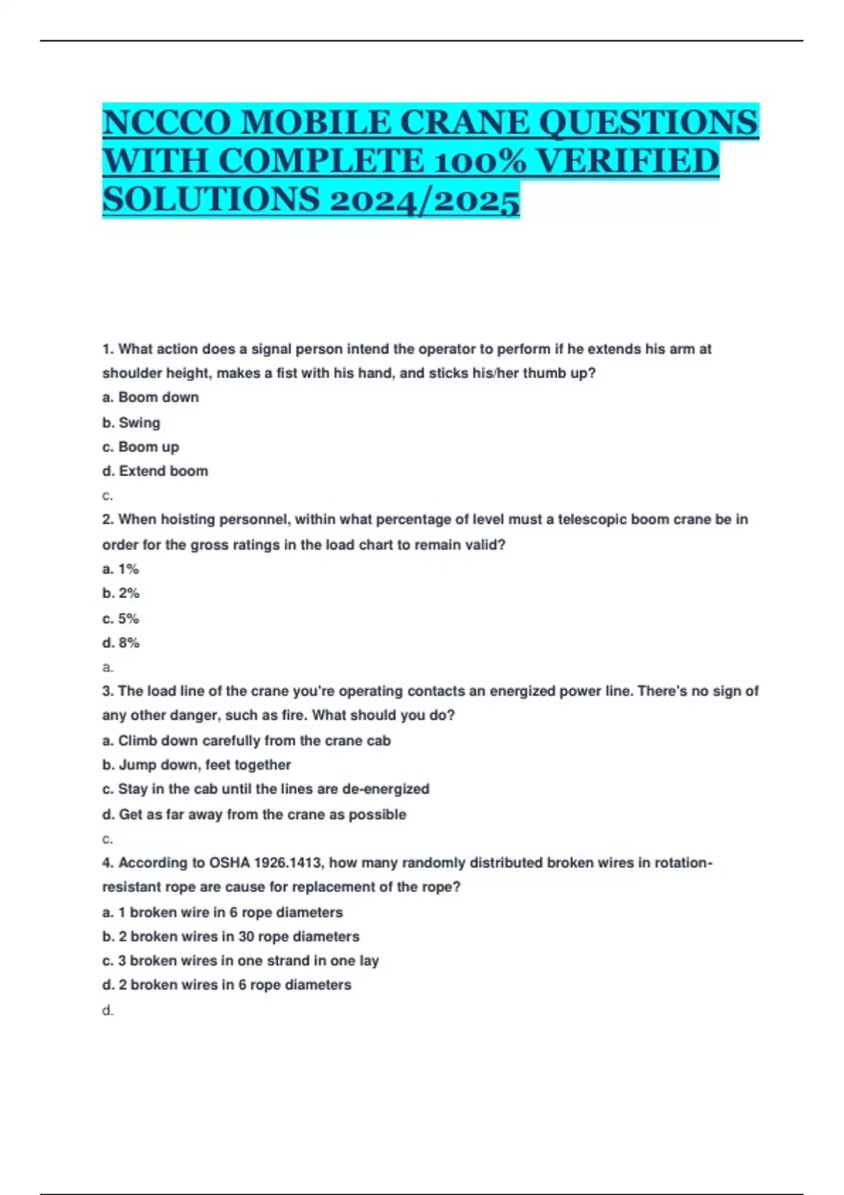 NCCCO MOBILE CRANE QUESTIONS WITH COMPLETE 100 VERIFIED SOLUTIONS 2024/2025 Nccco Stuvia US