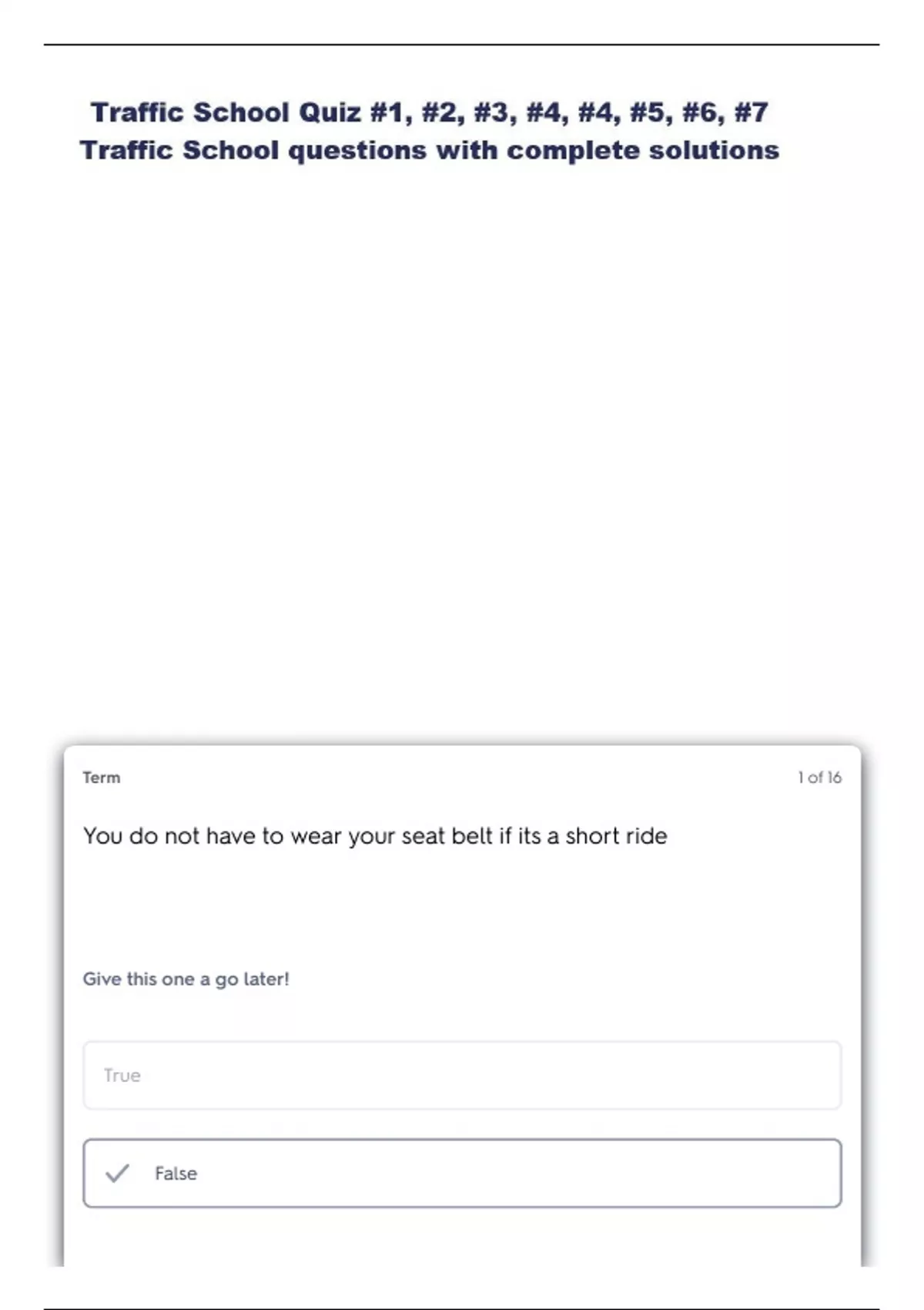 Traffic School Quiz 1, 2, 3, 4, 4, 5, 6, 7 Traffic School