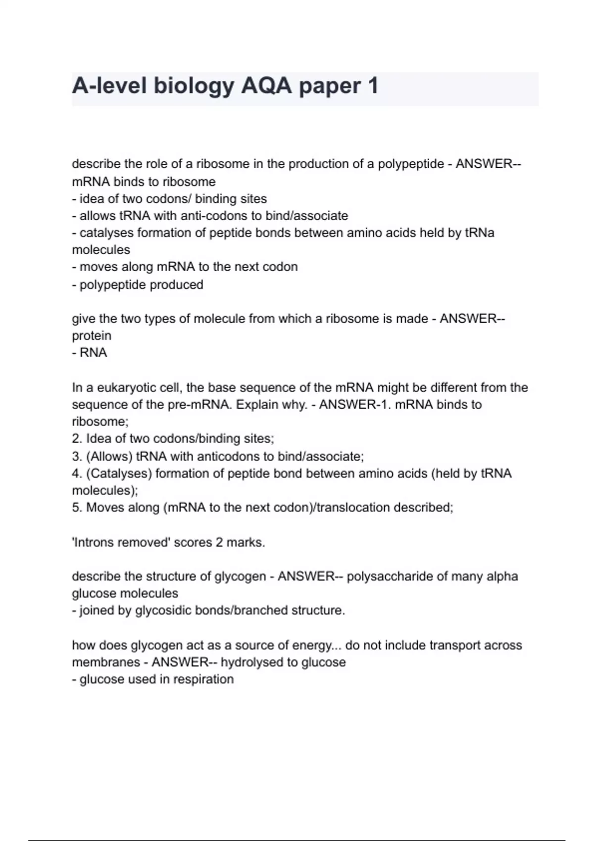 A-level biology AQA paper 1 with complete solution - AQA - Stuvia US