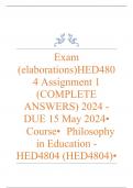 Exam (elaborations) HED4804 Assignment 1 (COMPLETE ANSWERS) 2024 - DUE 15 May 2024 •	Course •	Philosophy in Education - HED4804 (HED4804) •	Institution •	University Of South Africa (Unisa) •	Book •	Philosophy of Education Today 2e HED4804 Assignment 1 (CO