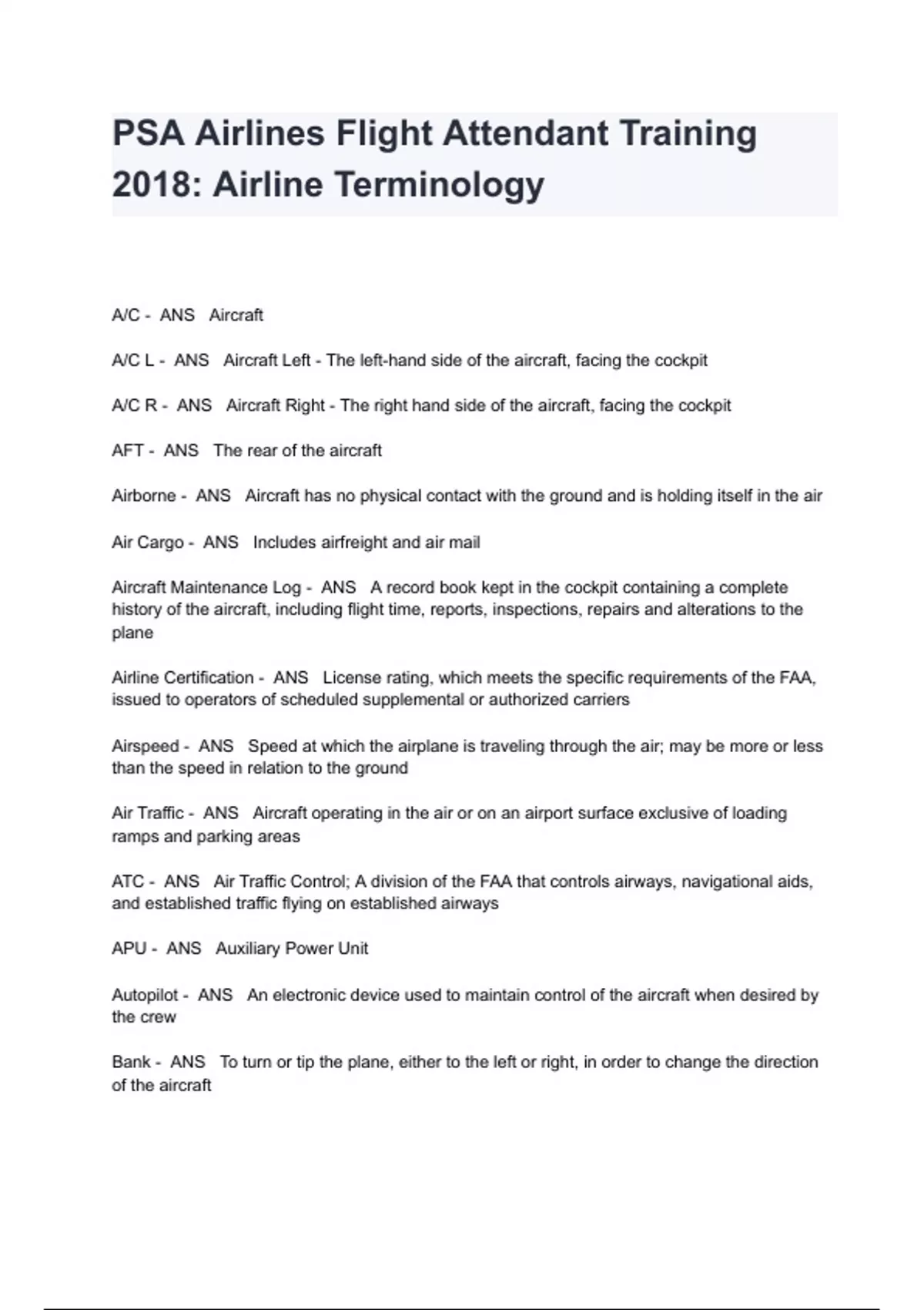 PSA Airlines Flight Attendant Training 2018: Airline Terminology Exam ...