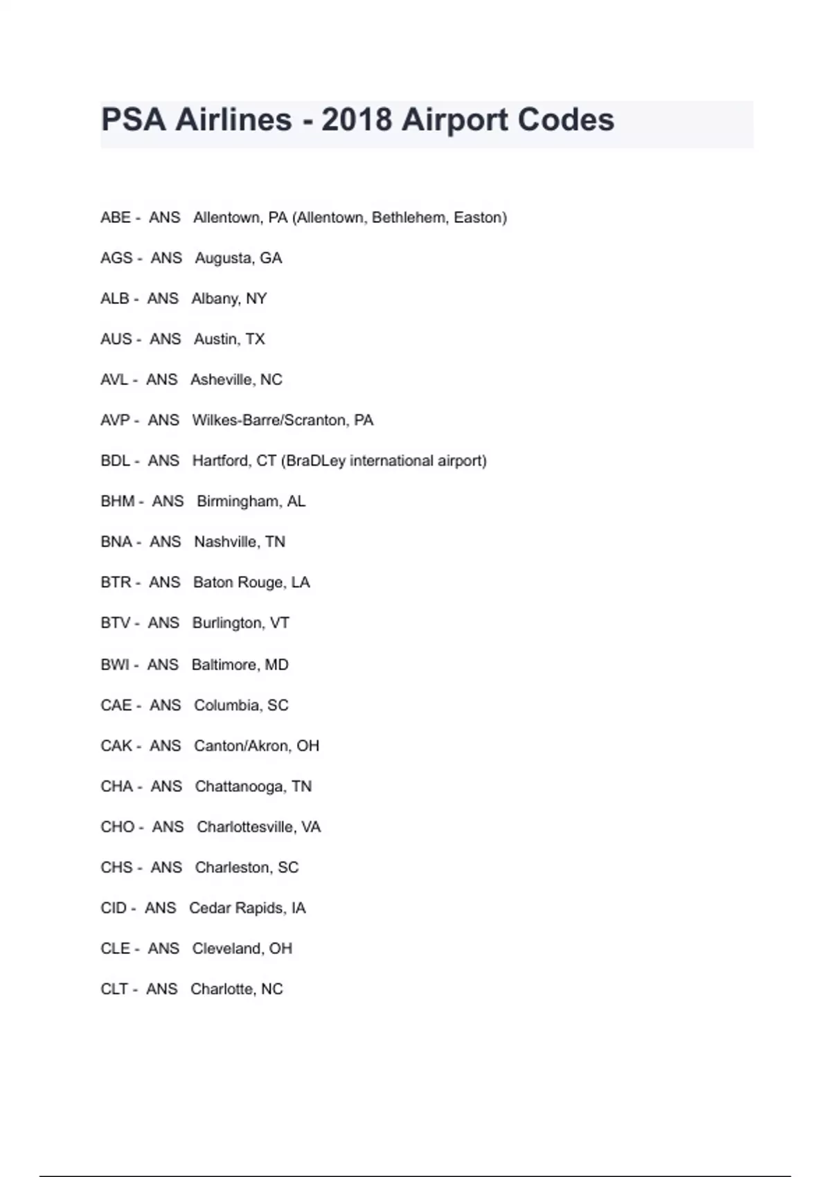PSA Airlines 2018 Airport Codes Exam Questions And Answers PSA
