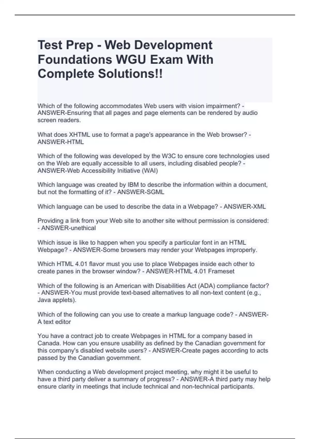 Test Prep - Web Development Foundations WGU Exam With Complete ...