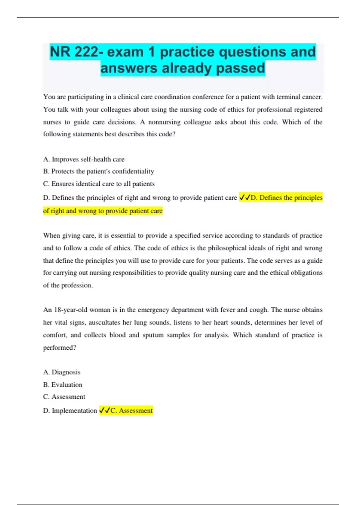 NR 222- exam 1 practice questions and answers already passed - Nr 222 ...
