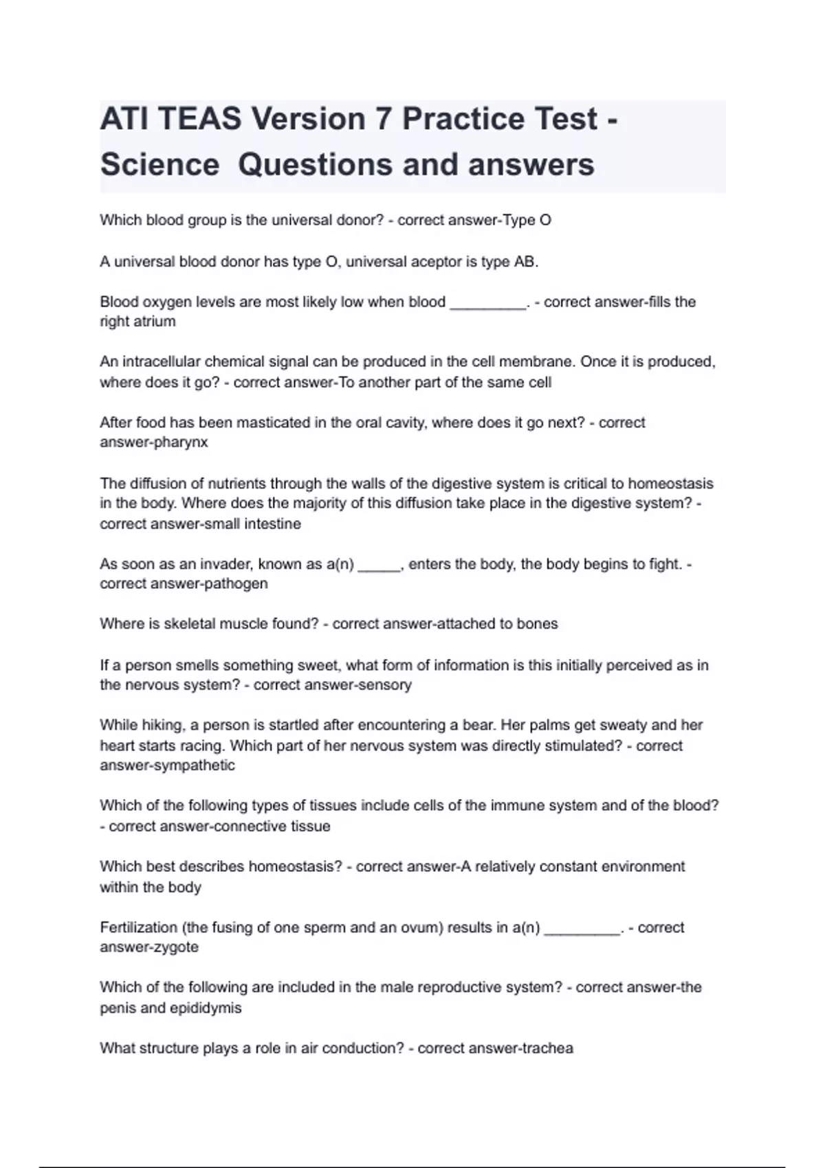 ATI TEAS Version 7 Practice Test - Science Questions and answers. - ATI ...