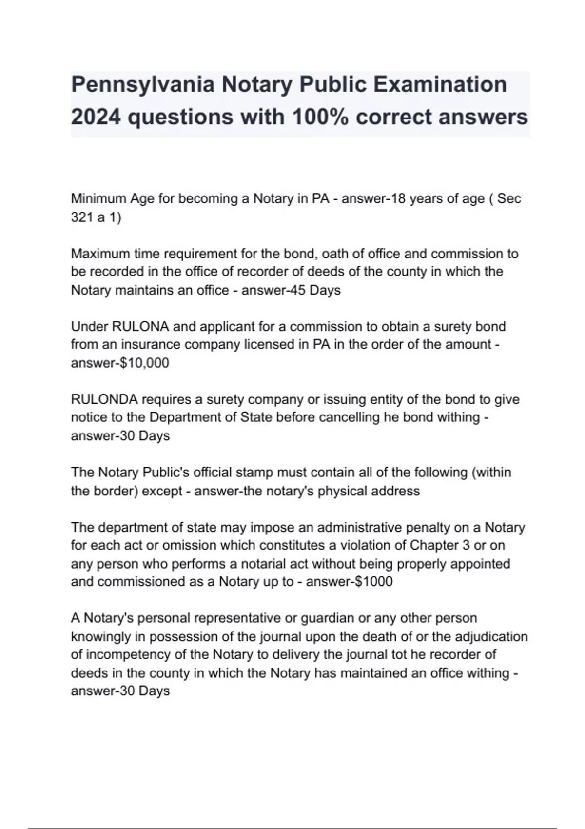 Pennsylvania Notary Public Examination 2024 questions with 100 correct