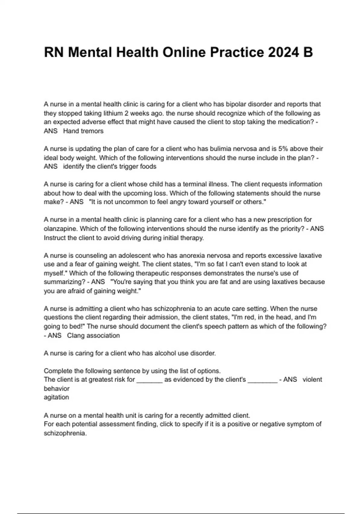 RN Mental Health Online Practice 2024 B - , ATI MENTAL HEALTH - Stuvia UK