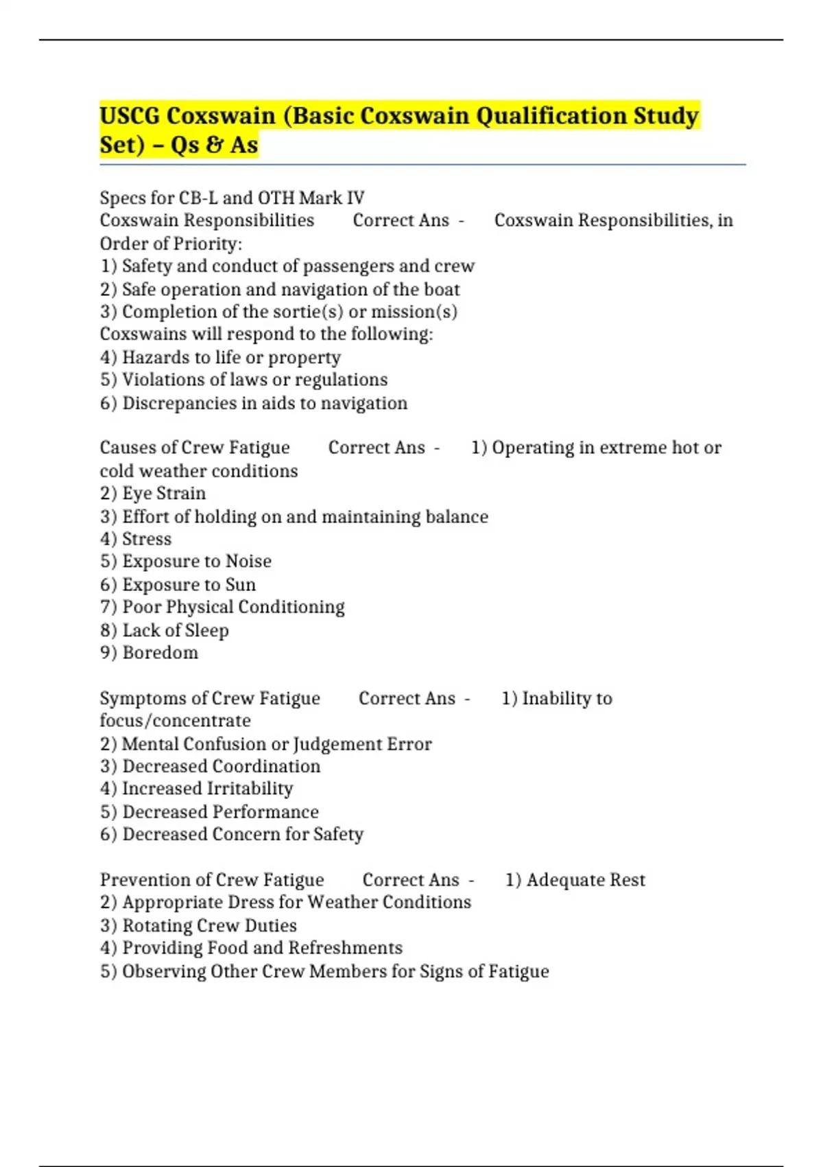 USCG Coxswain (Basic Coxswain Qualification Study Set) Qs & As USCG