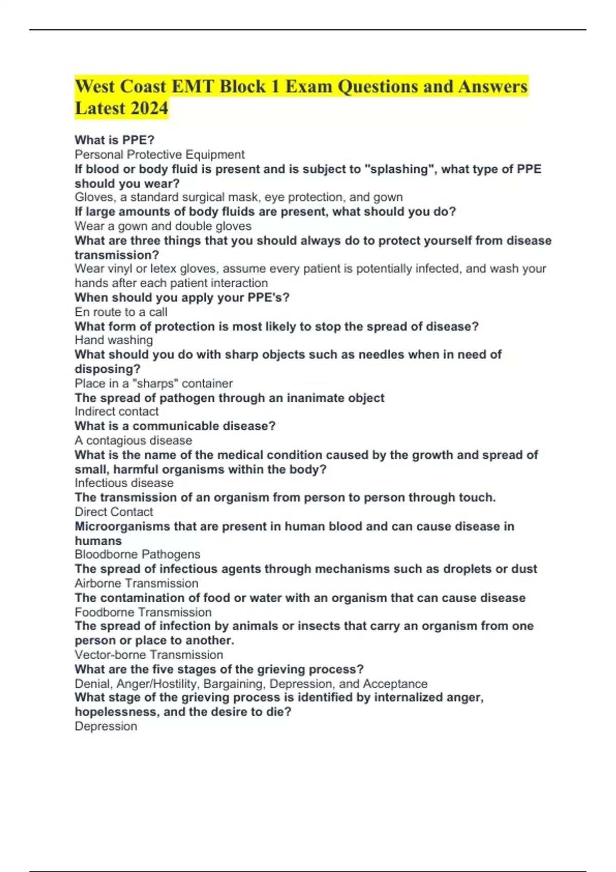 West Coast EMT Block 1 Exam Questions and Answers Latest 2024 West Coast EMT Stuvia US