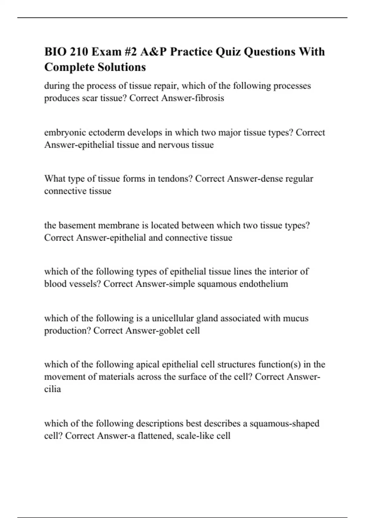 BIO 210 Exam #2 A&P Practice Quiz Questions With Complete Solutions ...