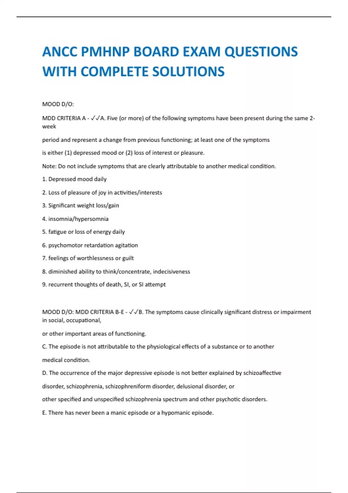 ANCC PMHNP BOARD EXAM QUESTIONS WITH COMPLETE SOLUTIONS - PMHNP Nursing ...