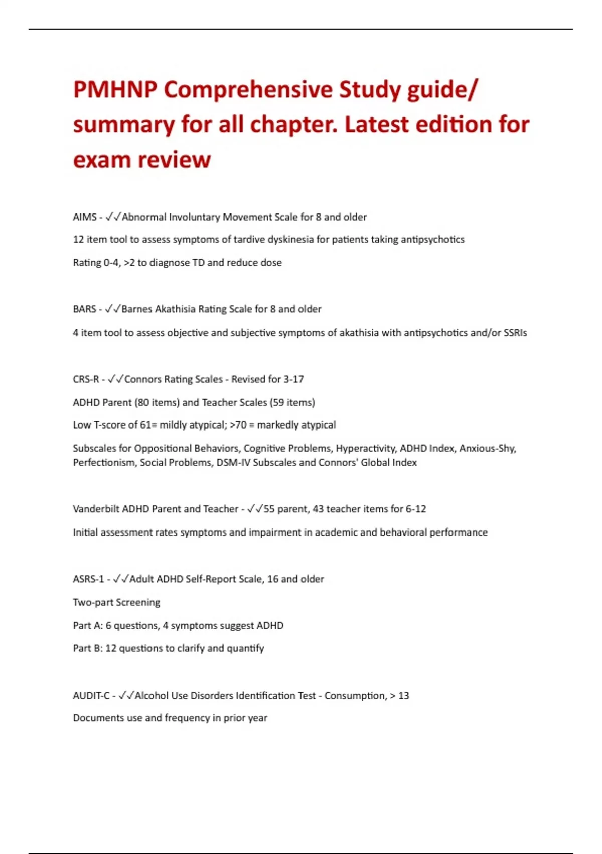 PMHNP Comprehensive Study guide/ summary for all chapter. Latest edition for exam review PMHNP