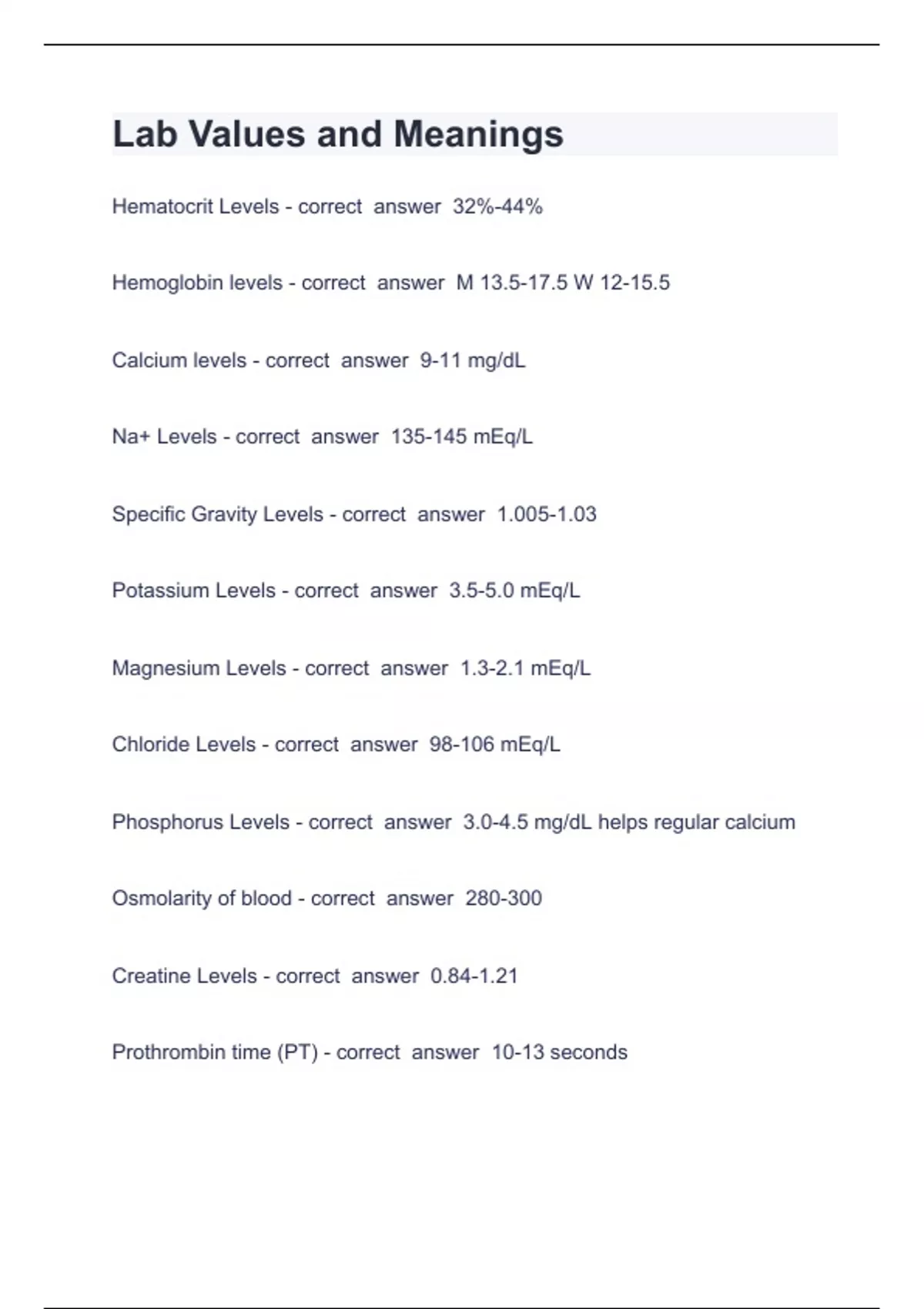 Lab Values and Meanings Lab Values Galen College Of Nursing Question