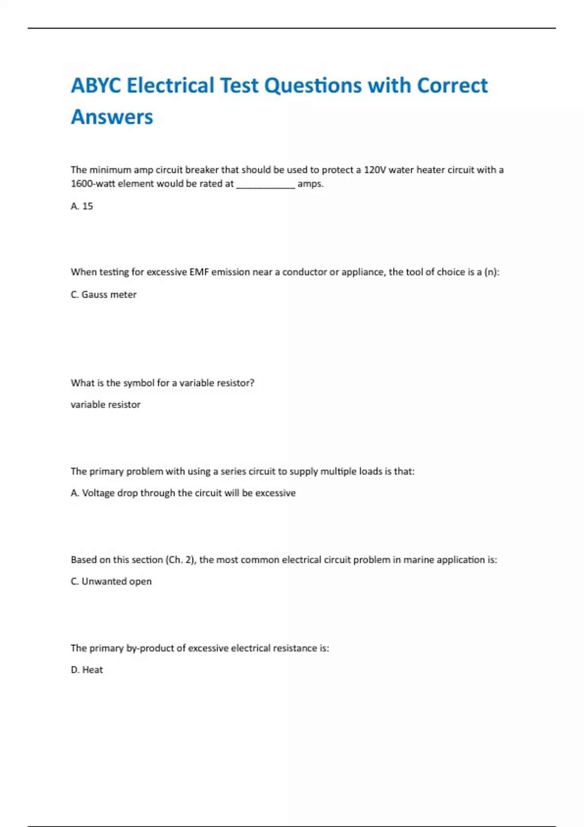 ABYC Electrical Test Questions with Correct Answers Marine Stuvia US