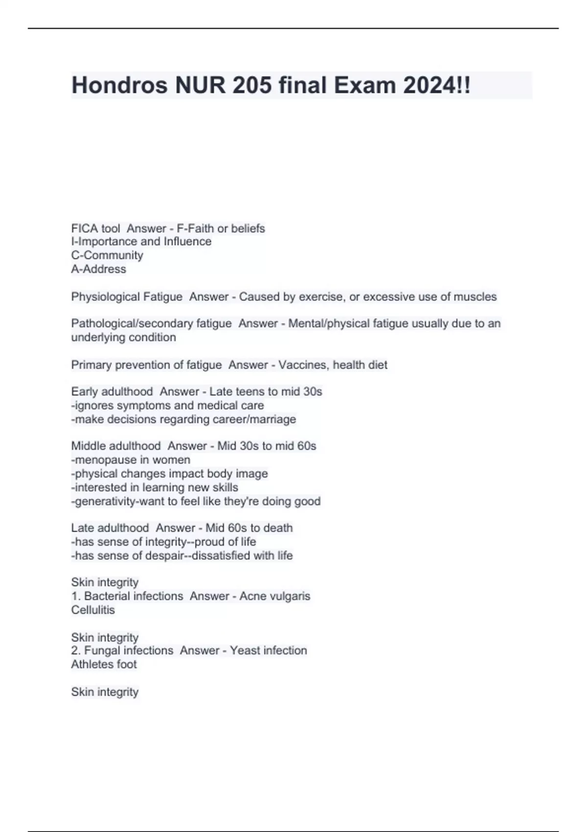 Hondros NUR 205 final Exam 2024!! - Hondros NUR 205 - Stuvia US