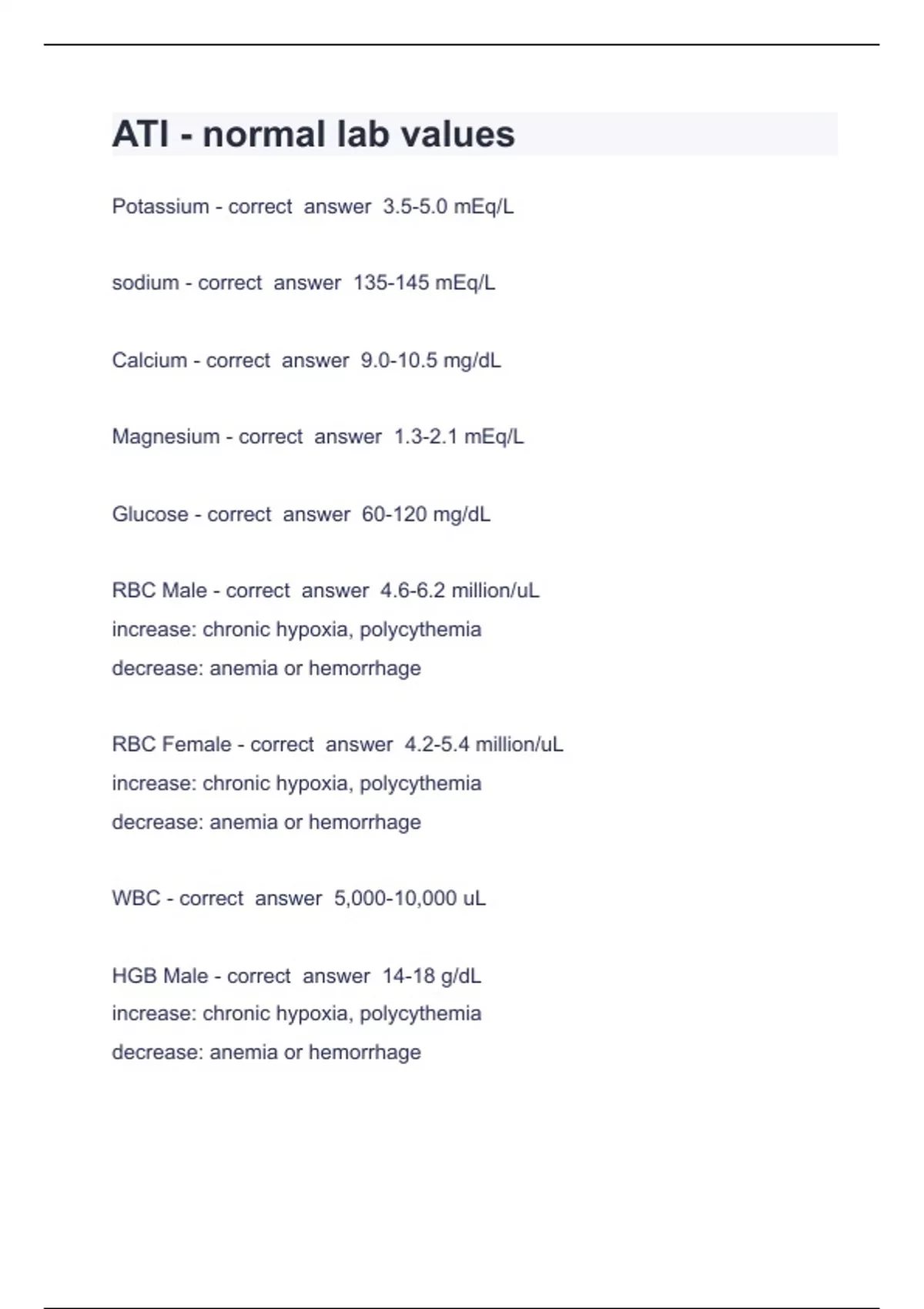 ATI Lab Values Galen College Of Nursing Question and answer 100