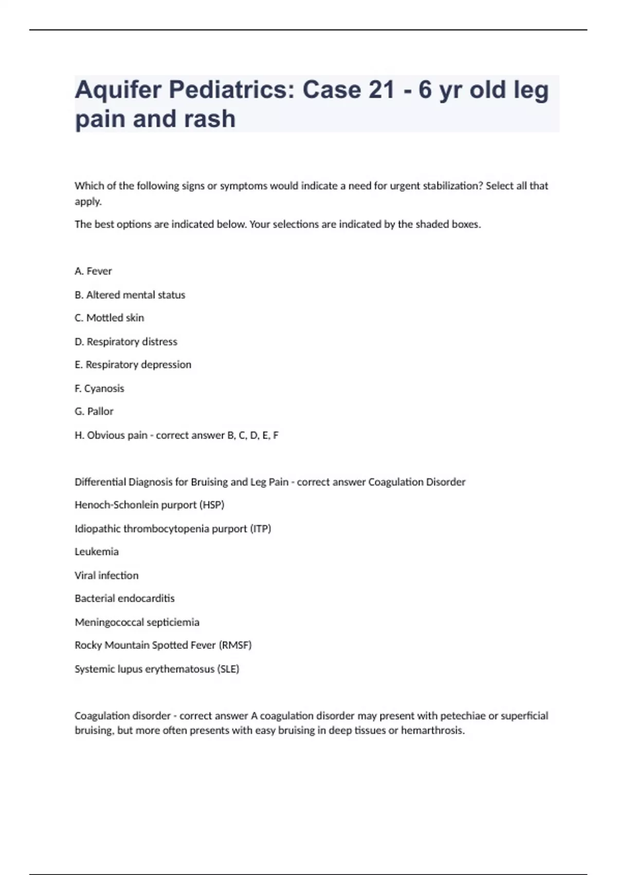Aquifer Pediatrics Case 21 - 6 yr Old Leg Pain And Rash Final Exam Test ...
