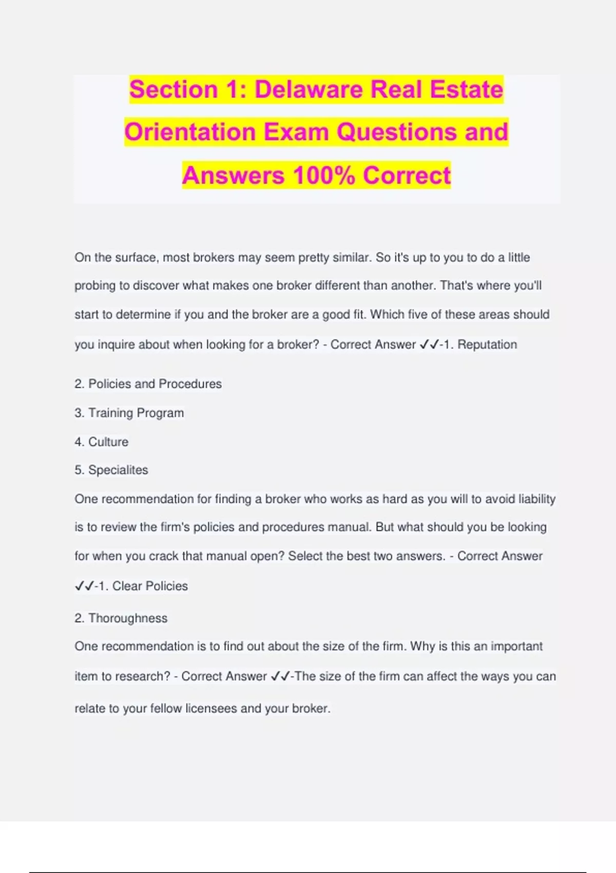 Section 1: Delaware Real Estate Orientation Exam Questions and Answers ...
