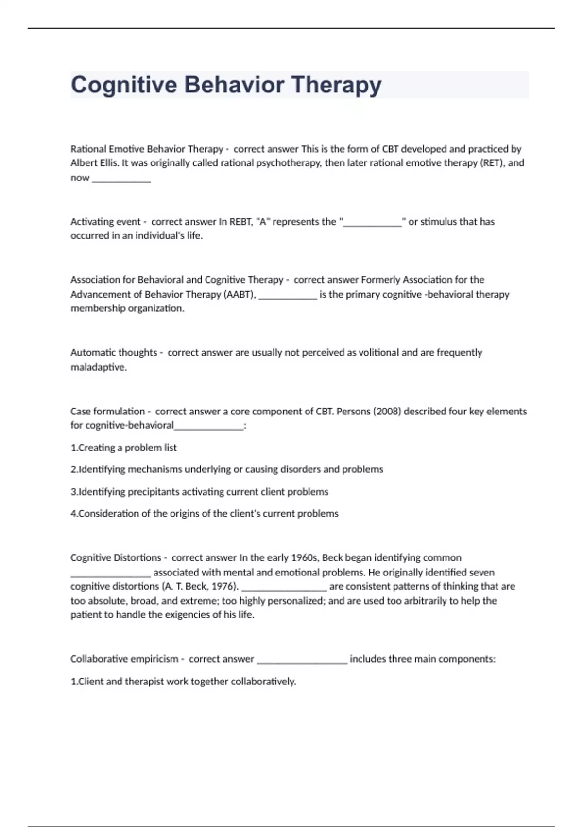 Cognitive Behavior Therapy 3 Practice Review Test 2024. - CBT. - Stuvia US