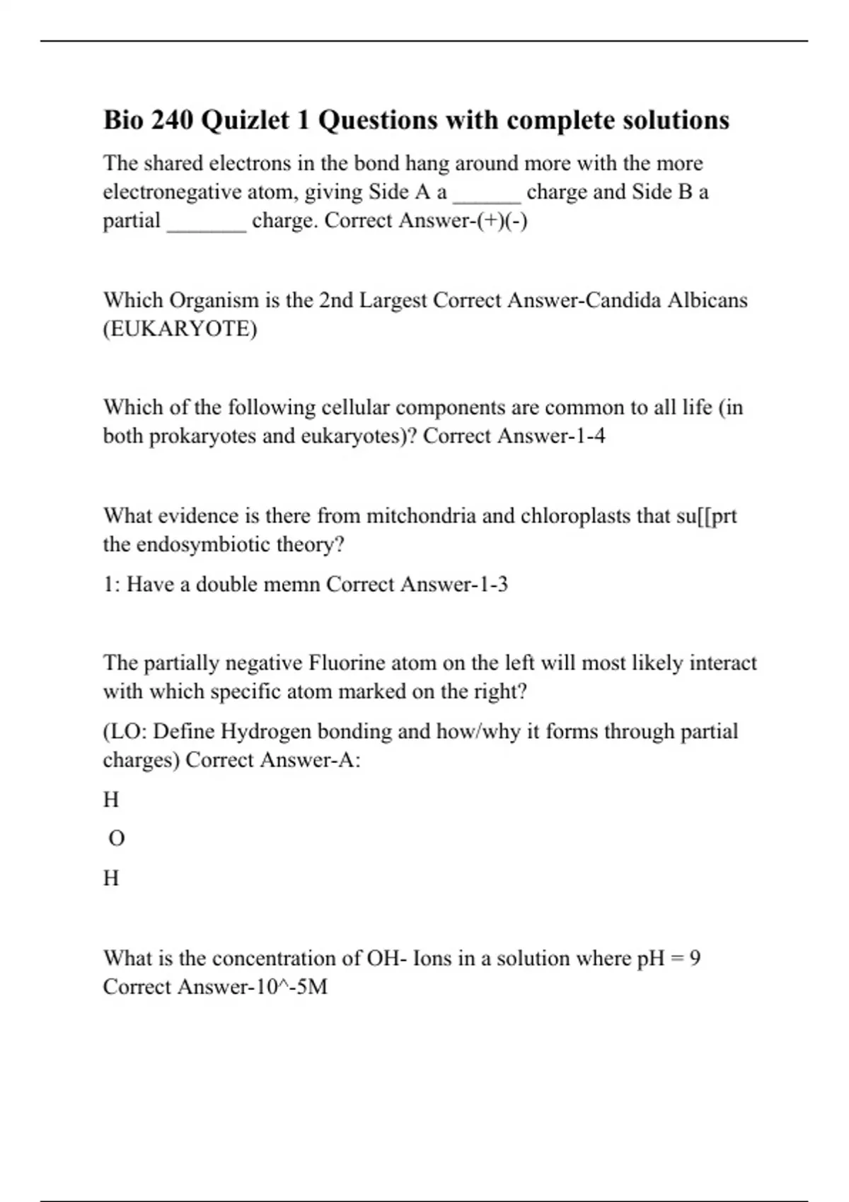 Bio 240 Quizlet 1 Questions with complete solutions - Biology - Stuvia US
