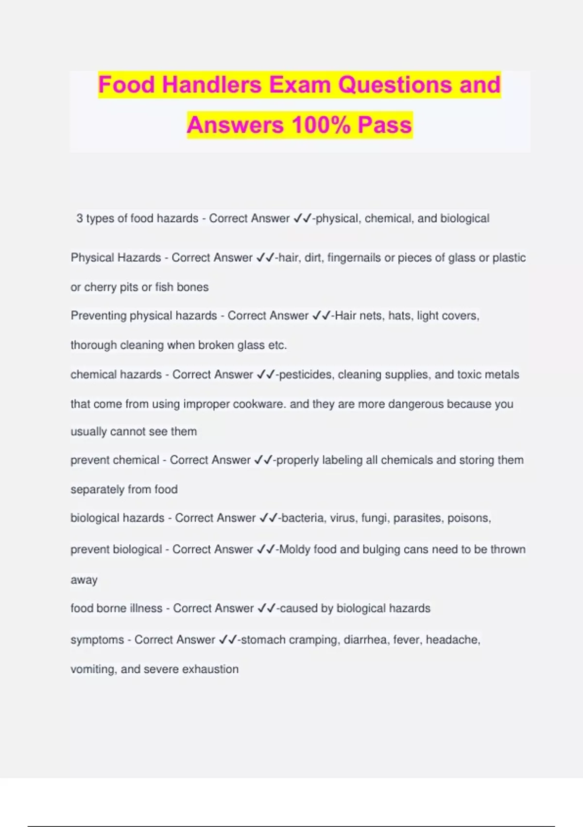 Food Handlers Exam Questions and Answers 100 Pass Food handlers