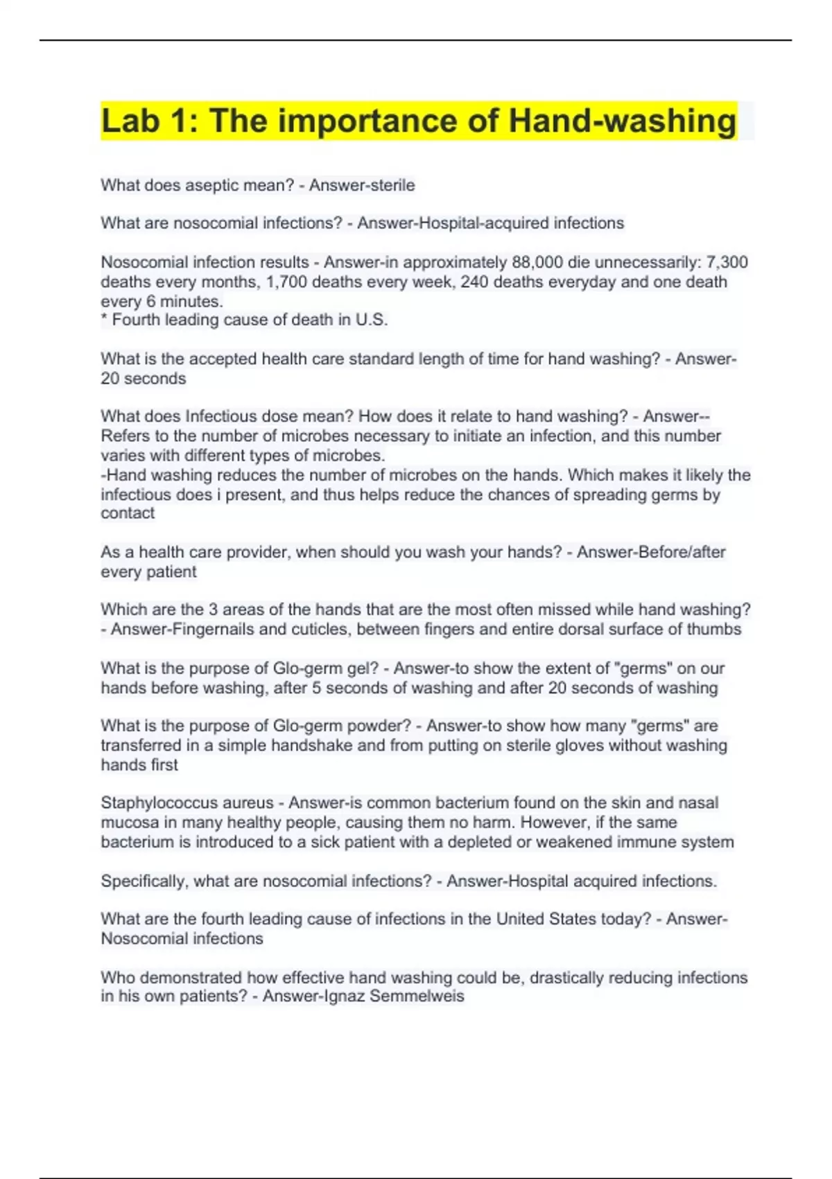 Lab 1 The importance of Handwashing Questions And Answers Lab 1