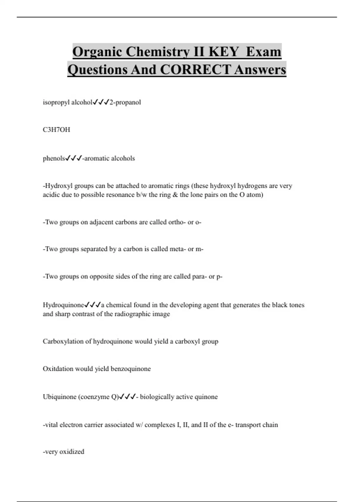 Organic Chemistry II KEY Exam Questions And CORRECT Answers - Organic ...