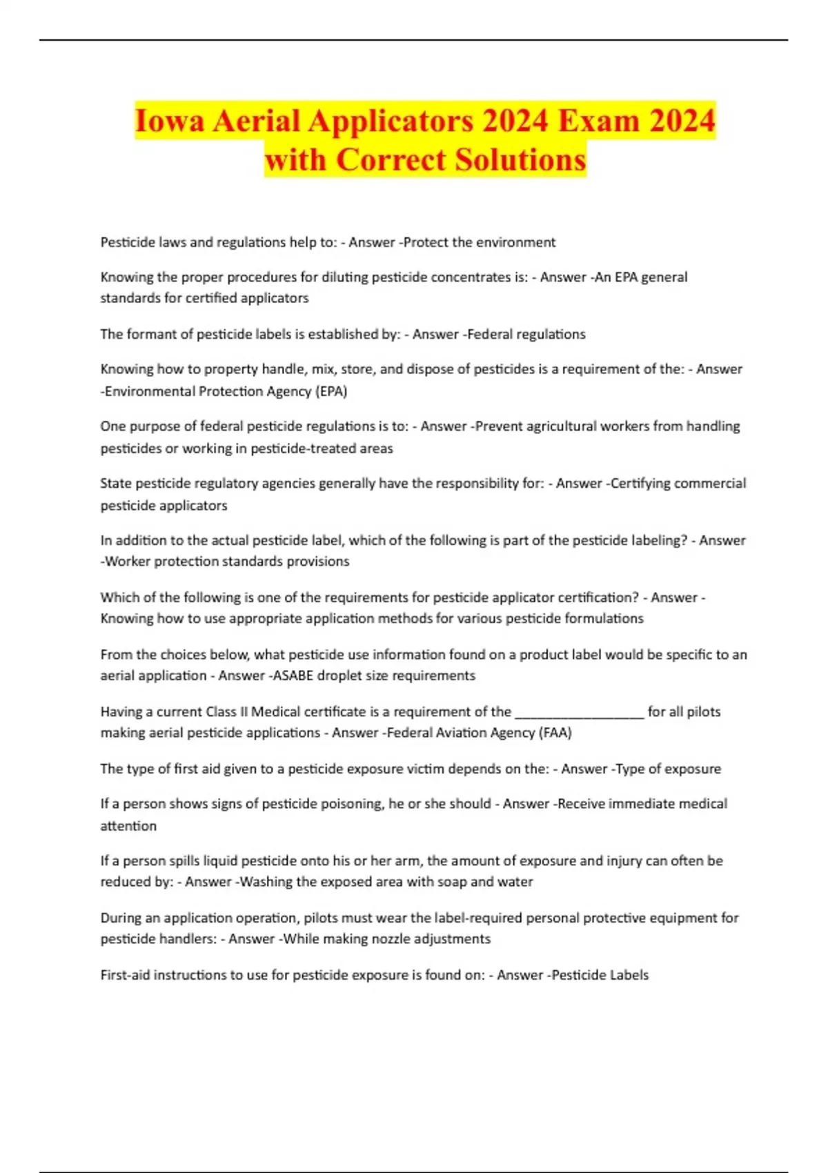 Iowa Aerial Applicators 2024 Exam 2024 with Correct Solutions Iowa