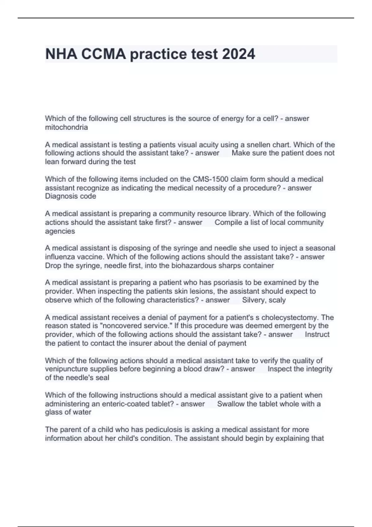 NHA CCMA practice test 2024 Questions with correct Answers, Graded A+ ...