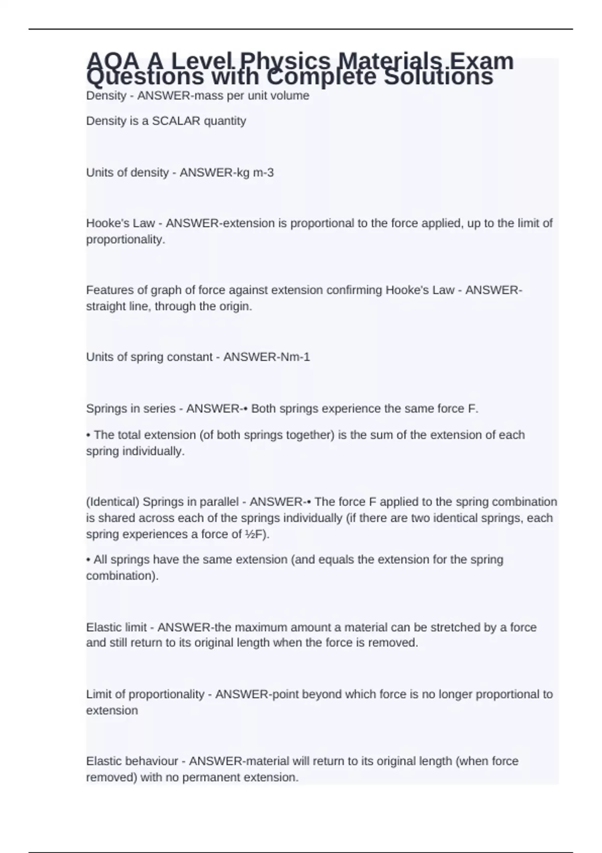 AQA A Level Physics Materials Exam Questions with Complete Solutions ...