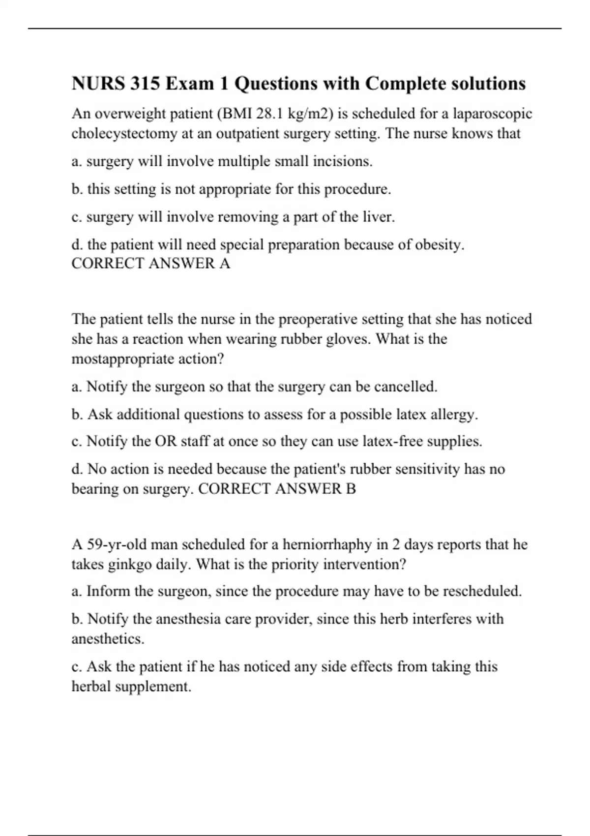 NURS 315 Exam 1 Questions with Complete solutions - RN- Nursing - Stuvia US