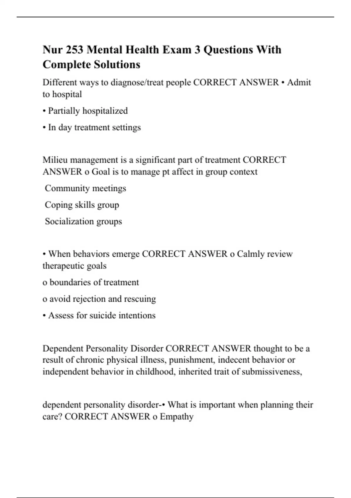 Nur 253 Mental Health Exam 3 Questions With Complete Solutions - RN ...