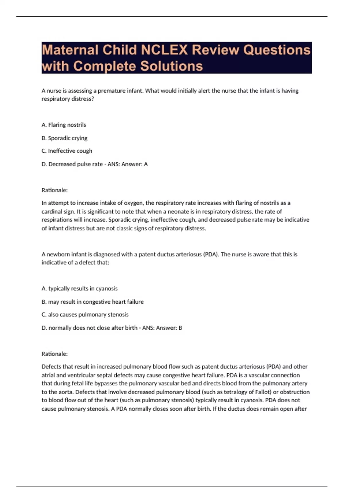 Maternal Child NCLEX Review Questions with Complete Solutions