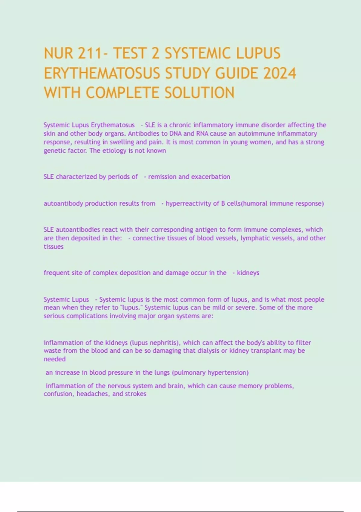 NUR 211- TEST 2 SYSTEMIC LUPUS ERYTHEMATOSUS STUDY GUIDE 2024 WITH ...