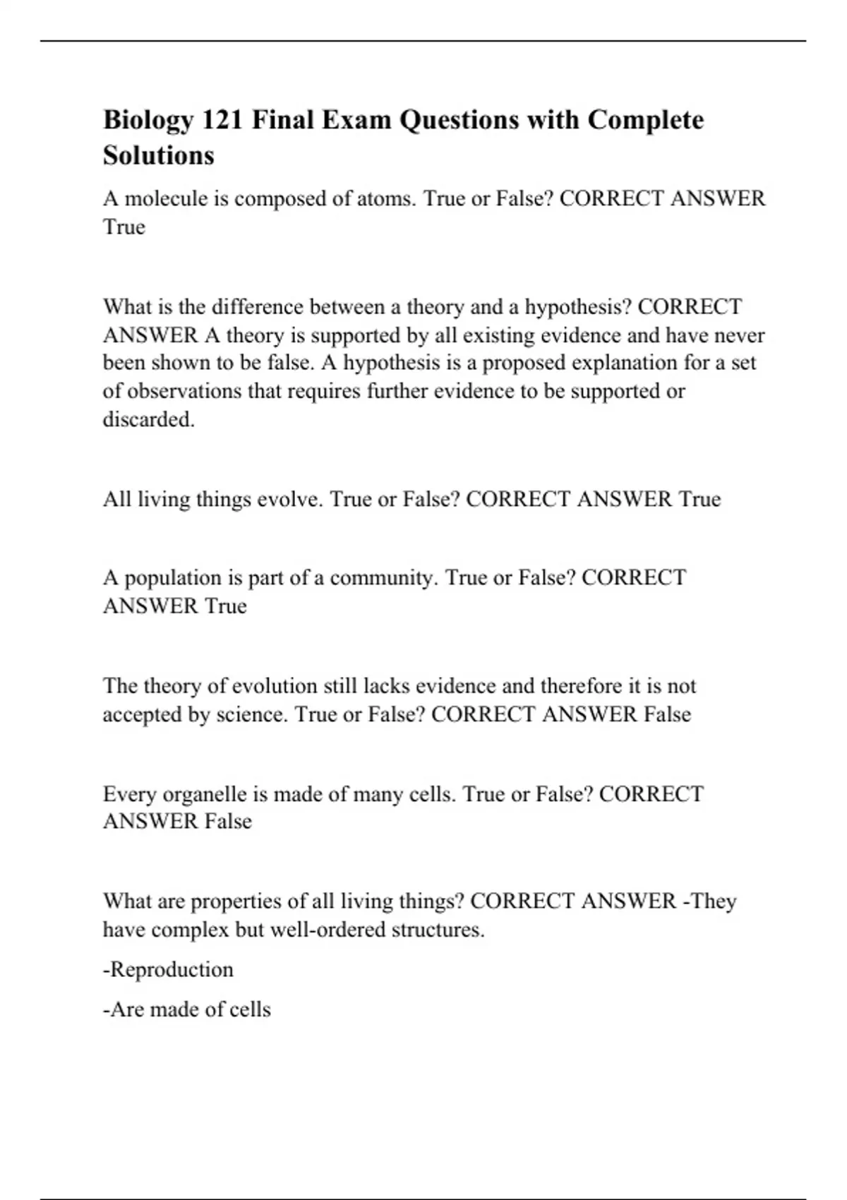 Biology 121 Final Exam Questions with Complete Solution - Biology ...