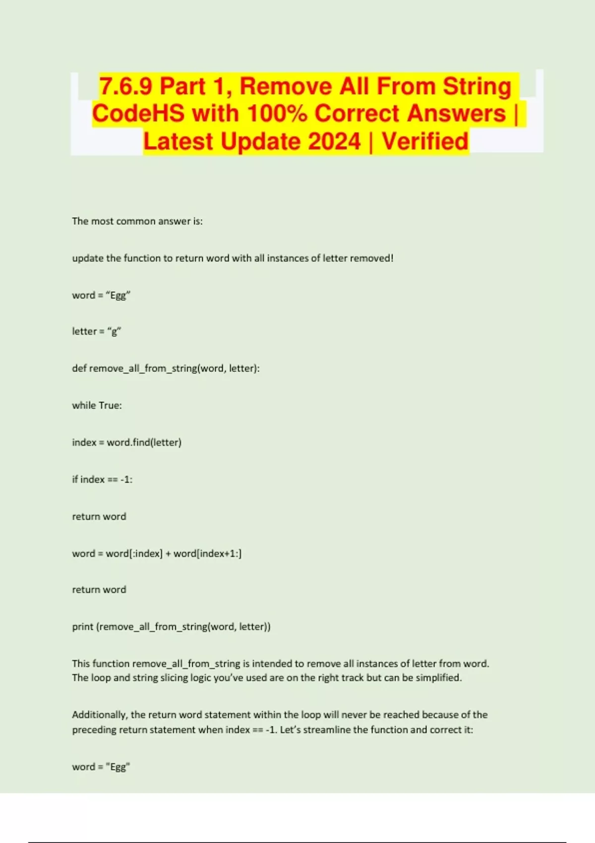 7.6.9 Part 1, Remove All From String CodeHS with 100% Correct Answers ...