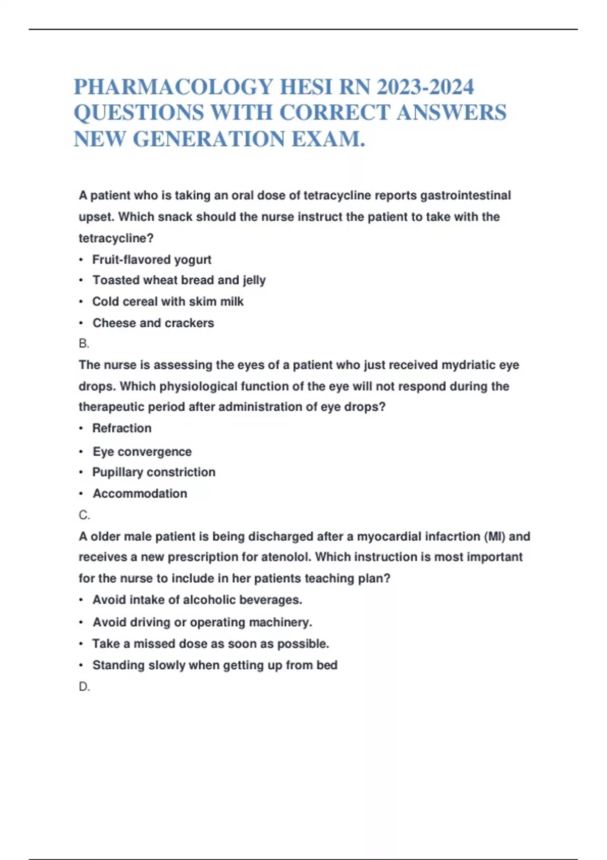 PHARMACOLOGY HESI RN QUESTIONS WITH CORRECT ANSWERS NEW GENERATION EXAM ...