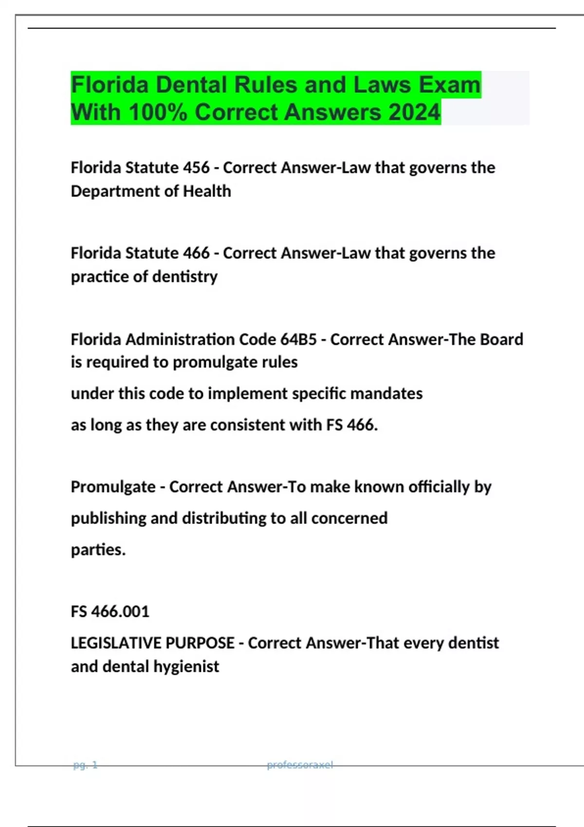 Florida Dental Rules and Laws Exam With 100 Correct Answers 2024 Florida Dental Rules and